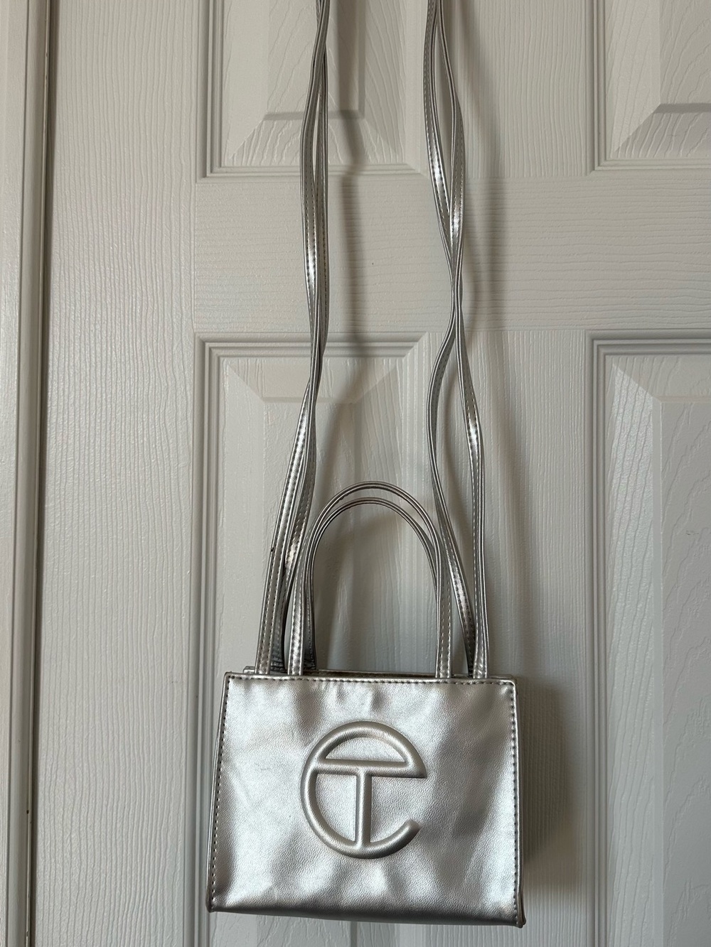 Telfar Metallic Silver Mini Tote with Embossed Logo